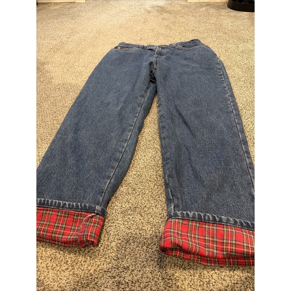 LL Bean Red Plaid Flannel Lined Woman's‎ Jeans Size 16 Tall